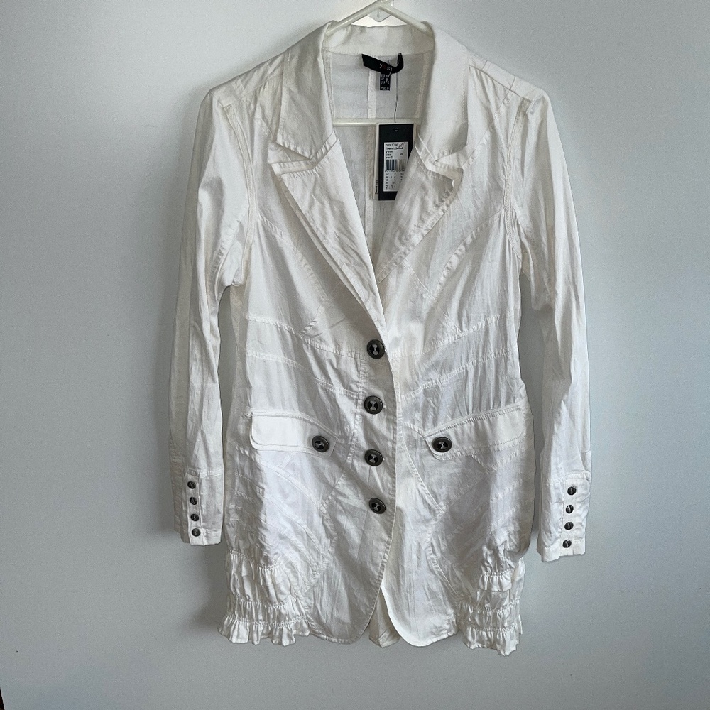 Yest NWT Llonia White Button Down Ruffle‎ Long Spring Coat Size 9